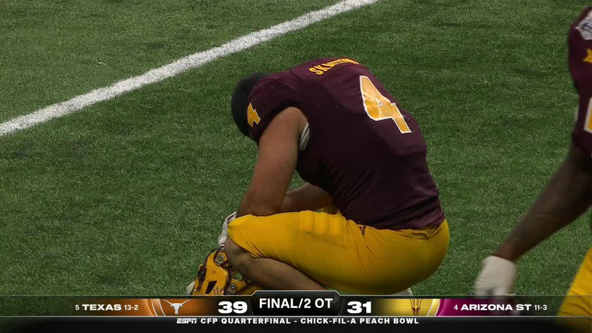 Cam Skattebo was consoled by his teammates after Arizona State's loss to Texas. Gave it his all.