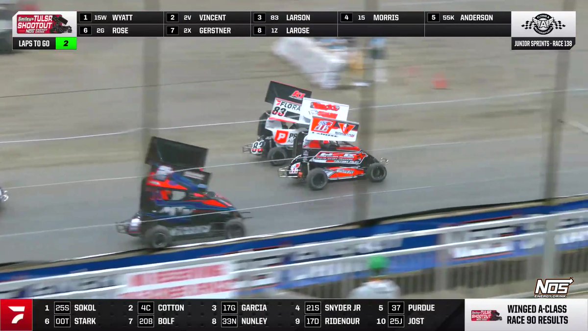🏁 Owen Larson wins his Junior Sprint heat race from 8th at the #TulsaShootout Presented by NOS Energy Drink! Tulsa Shootout