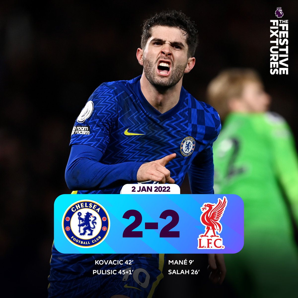 ⚽️ 9' Mané ⚽️ 26' Salah ⚽️ 42' Kovacic ⚽️ 45+1' Pulisic On this day 3 years ago, Chelsea and Liverpool gave us one of the best halves of football you'll ever see 🔥