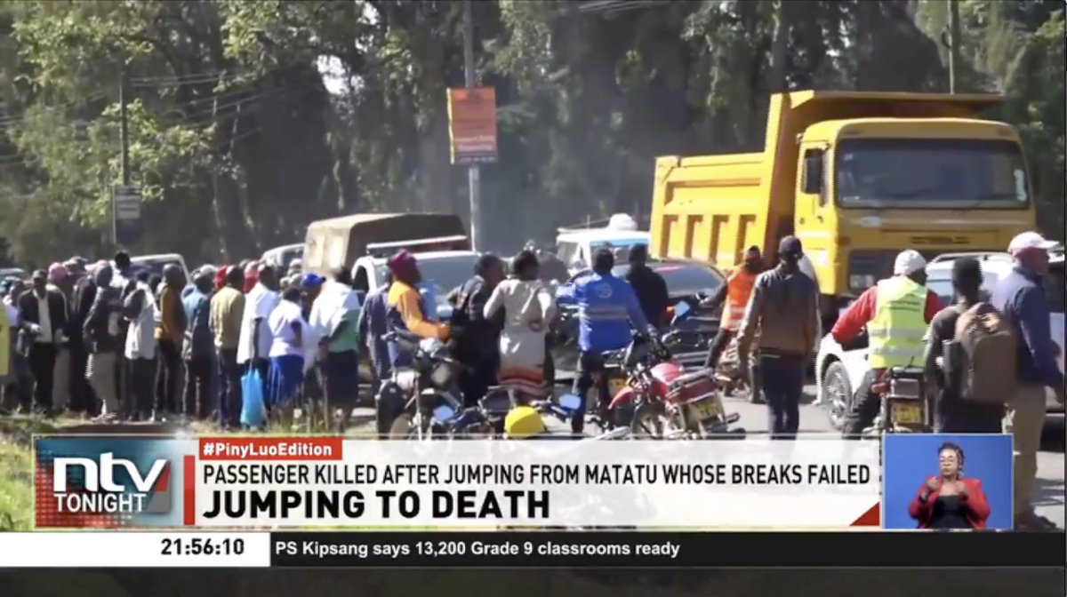 Jumping To Death: At least one person has died and four others severely injured after jumping out of a 14-seater matatu. The driver lost control after its brakes failed while ferrying passengers to Embu. #NTVTonight Ben Kitili