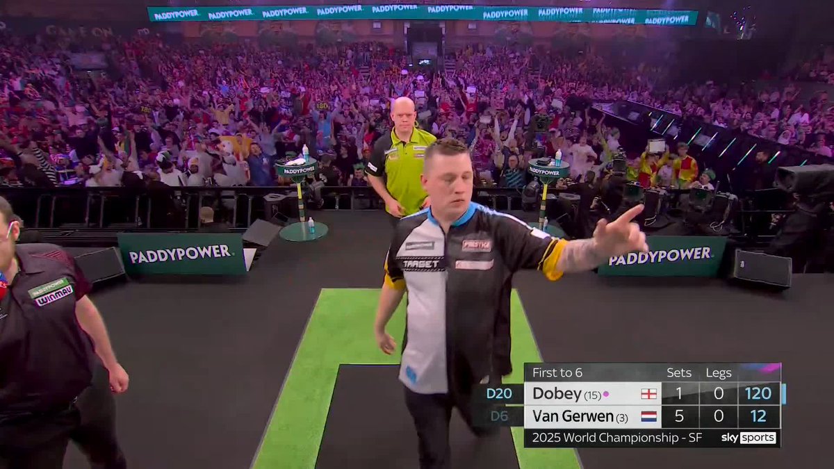 WHAT A LEG! Van Gerwen kicks off set seven with SIX perfect darts, but he loses the leg as Dobey steals it with a brilliant 120 finish! 📺 #WCDarts | SFs