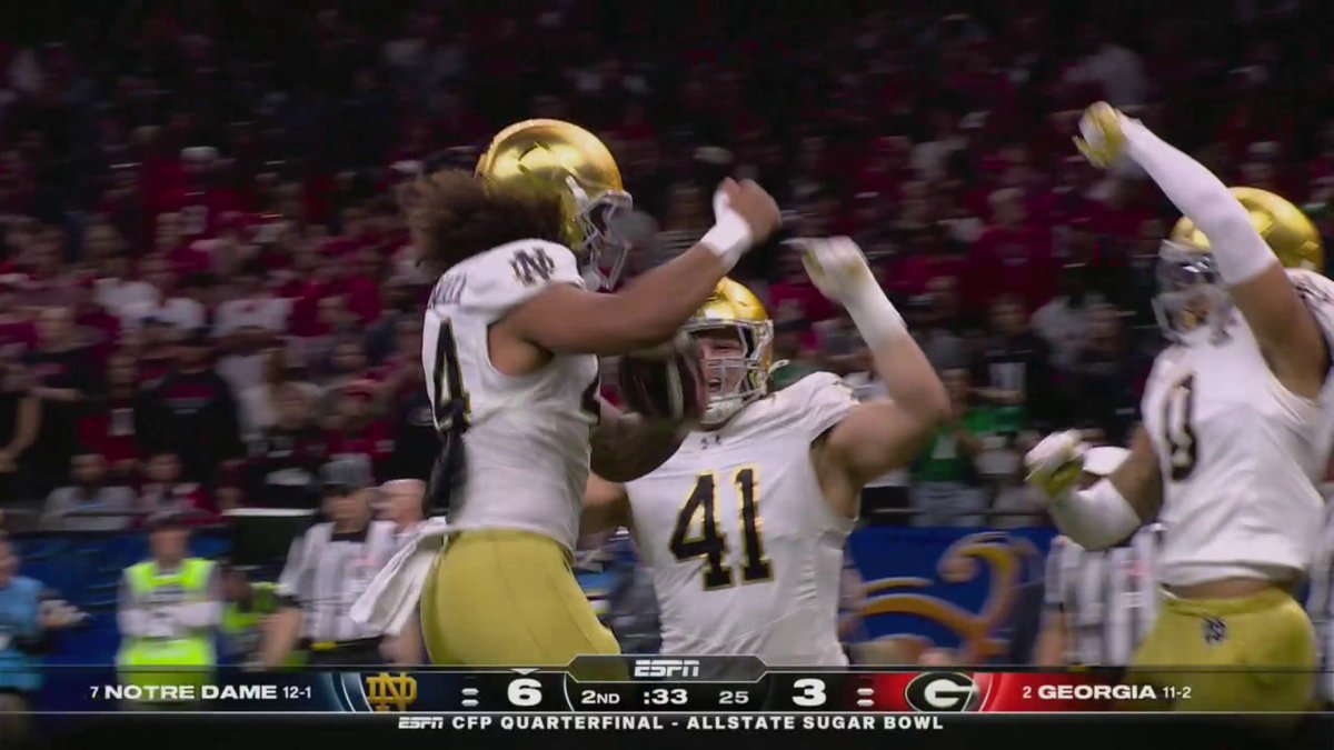 Notre Dame forces another Georgia fumble and finds the end zone on the next play! #CFBPlayoff