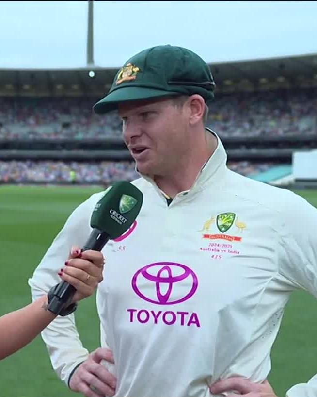 "100%. No denying it whatsoever." Steve Smith weighs in on whether he got his hand underneath the ball in the biggest moment of the morning. #AUSvIND