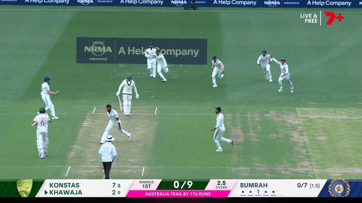 How about that?! Bumrah gets Khawaja with the last ball of the day, then turns to Konstas after their earlier verbals! #AUSvIND