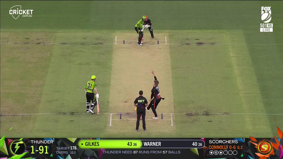 Stumped off a wide! Matthew Hurst with some superb work with the gloves to dismiss Matthew Gilkes. #BBL14