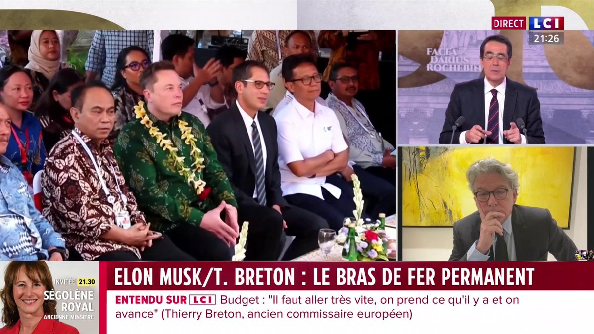 🗣️ "Si dès qu’on ouvre X on a tout de suite 100 ou 150 tweets de Elon Musk qui vous arrivent dessus en rafale sans que vous n'ayez rien demandé, ça peut poser problème" 👉 Thierry Breton pointe les conditions que l’UE doit poser à Elon Musk ▶️ Darius Rochebin