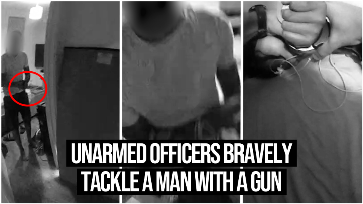 Two officers have been praised for tackling a man who emerged from his bedroom with a firearm. Without hesitation, the officer and his colleague charged forward and managed to disarm the man before anyone could be harmed.
