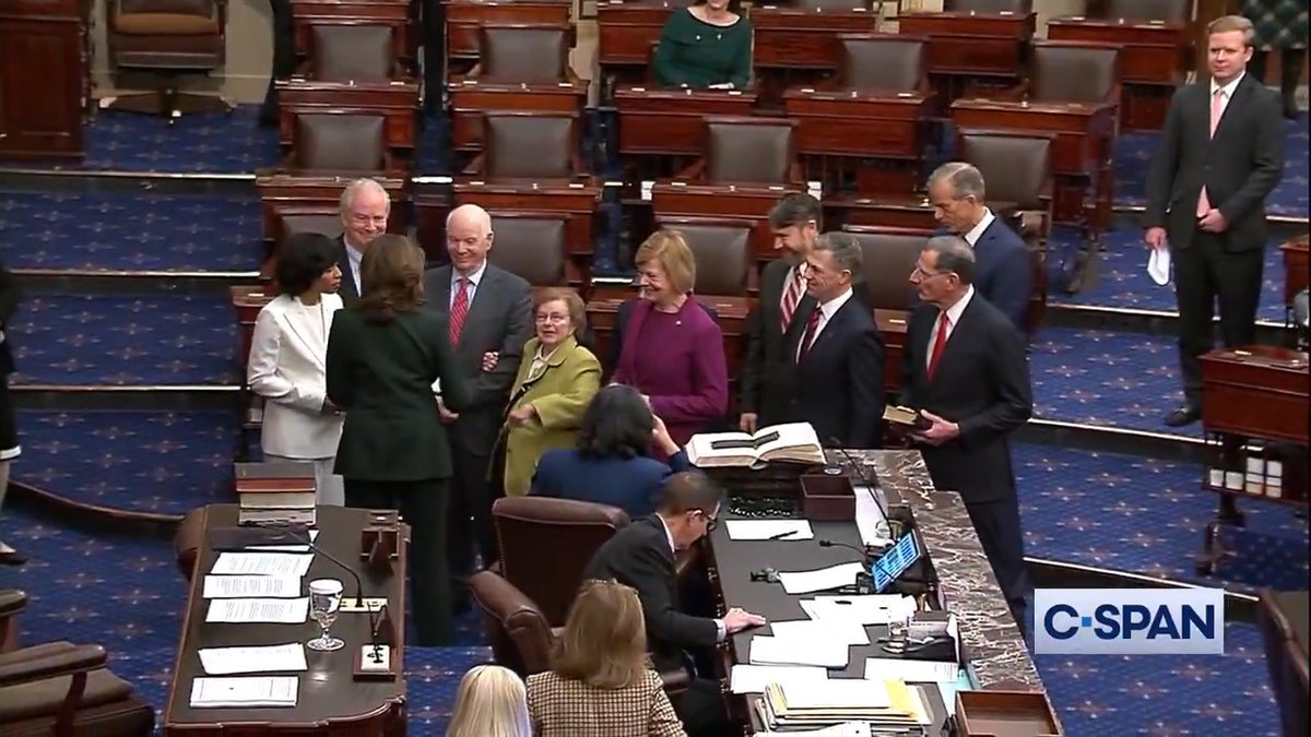Former Senator Barbara Mikulski (D-MD) greets Vice President Kamala Harris as Sen. Angela Alsobrooks is sworn into the Senate.
