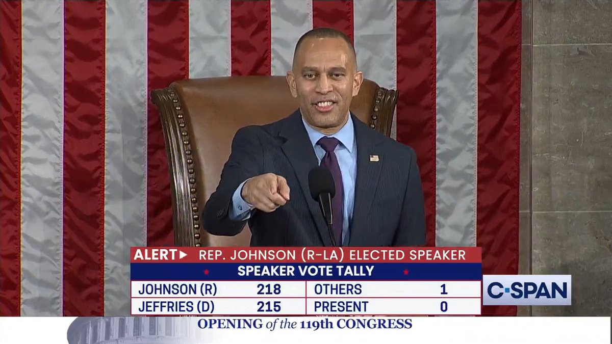 .Hakeem Jeffries: "Two months ago, the American people elected Donald Trump as the 47th president of the United States of America." [applause] Jeffries: "Thank you for that very generous applause. It's okay. There are no election deniers on our side of the aisle."