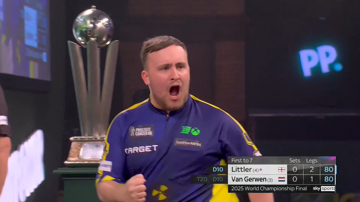 FIRST SET TO LITTLER! Luke Littler wraps up the opening set against the darts! The 17-year-old sensation converts a trademark two-dart 80 finish to lead Van Gerwen 1-0! 📺 #WCDarts | Final