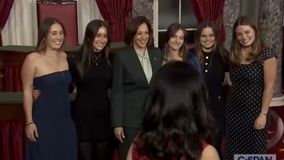 While taking pictures after Sen. Dave McCormick’s (R-PA) ceremonial swearing in, one of his daughters appears to tell Vice President Kamala Harris "I voted for you." Harris responds: "I could tell."
