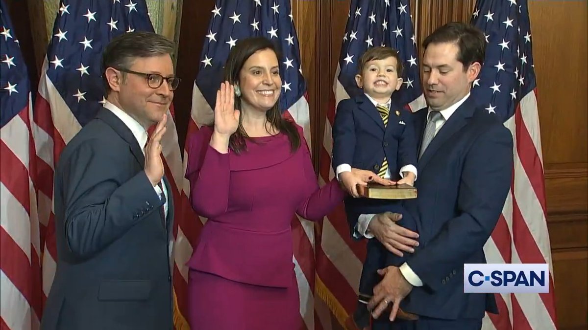 "CHEESE!" Rep. Elise Stefanik 's (R-NY) son takes a photo with Speaker Mike Johnson.