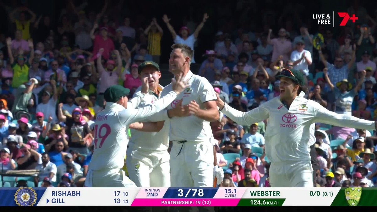 Beau Webster's first Test wicket! Gill charged, but only succeeded in an inside edge to Carey! #AUSvIND