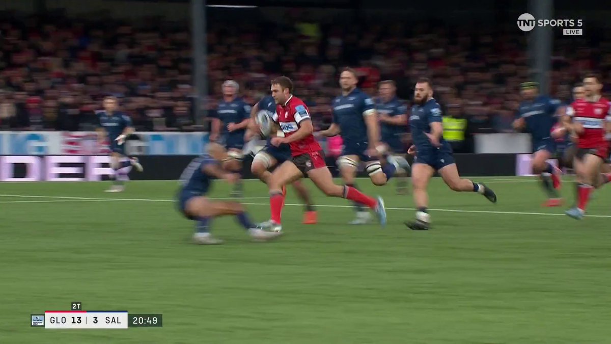 Max Llewellyn with a beautiful step for Gloucester's second try 😍 #GLOvSAL | #GallagherPrem