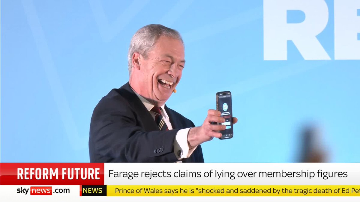 Nigel Farage has rejected Conservative leader Kemi Badenoch's claims that Reform UK is lying about its membership figures. The Reform leader seemingly flaunted the live figures during his speech at a regional party conference. 📺 Sky 501