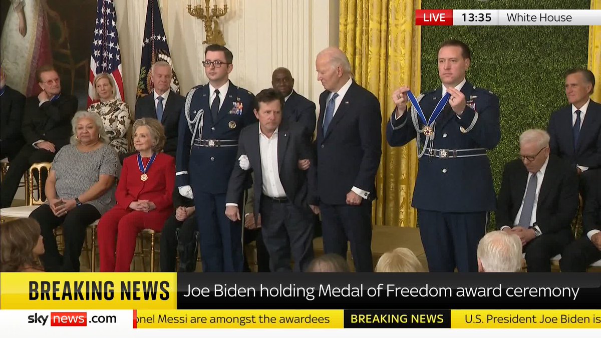 Back to the Future actor and Parkinson's campaigner Michael J Fox receives the Presidential Medal of Freedom from Joe Biden for his services. 📺 Sky 501, Virgin 602, Freeview 233