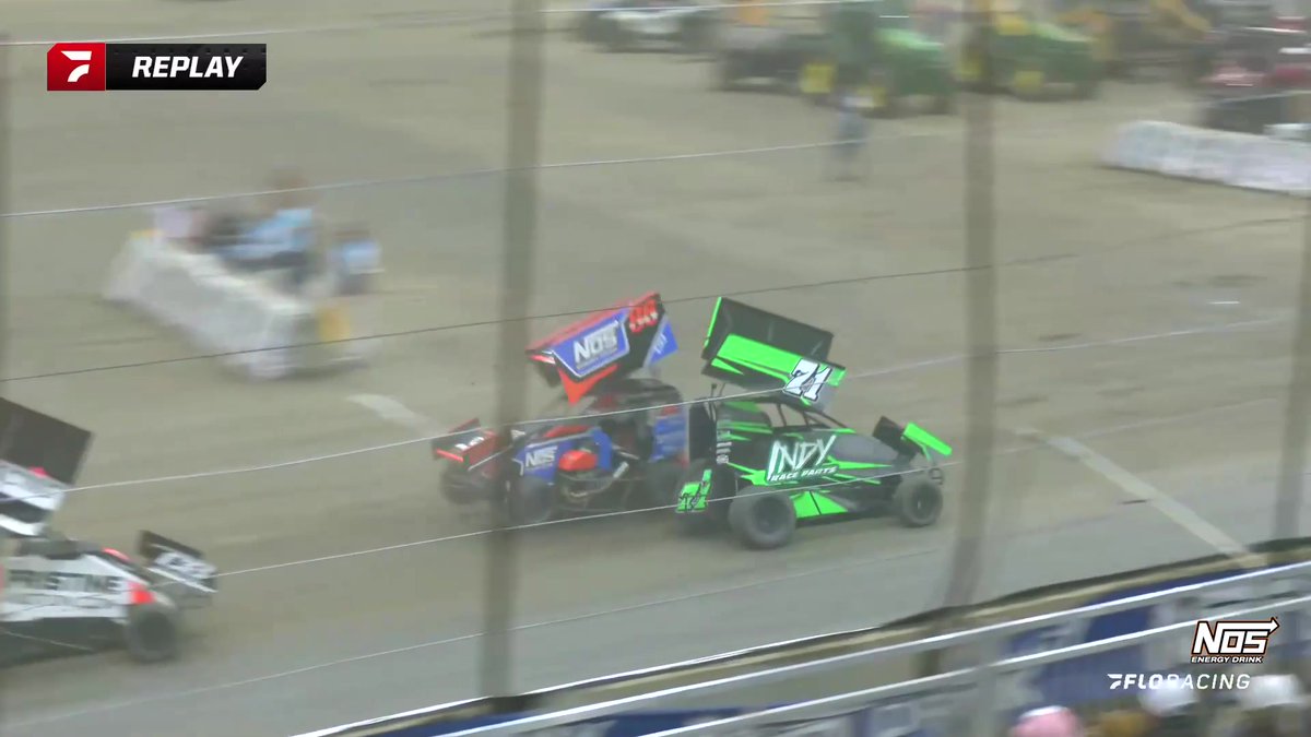 DRAMA! The leaders tangle in the Winged A-Class feature at the #TulsaShootout presented by NOS Energy Drink! Kyle Larson will now inherit the lead!
