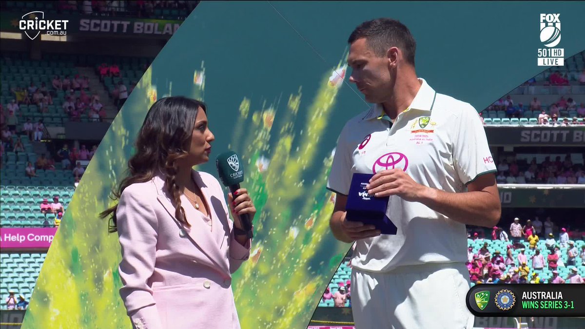 Scott Boland is named the NRMA Insurance Player of the Match after a 10-wicket haul 👏 #AUSvIND