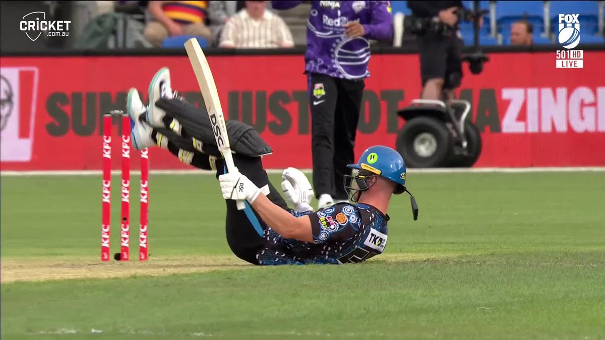 Thankfully, Chris Lynn is okay and still at the crease after copping a nasty blow to the helmet from this Riley Meredith delivery. #BBL14
