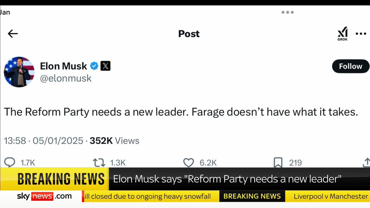 BREAKING: Elon Musk has insisted that Nigel Farage "doesn't have what it takes" to lead Reform UK. Read more: 📺 Sky 501, Virgin 602, Freeview 233 and YouTube