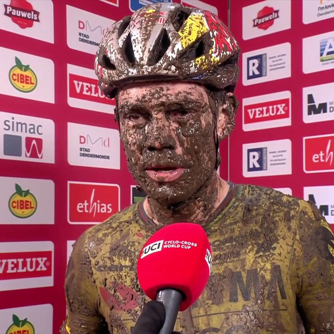 "These are the Cyclo-cross races you remember!" 💪 Wout van Aert after a dominant and VERY muddy day out at UCI Cyclo-cross World Cup in Dendermonde! 👏