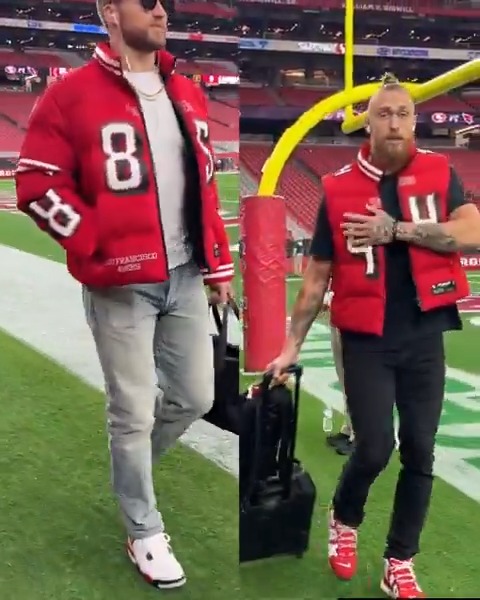 .Kyle Juszczyk and George Kittle repping each other with Kristin Juszczyk's new Off Season brand jackets 🔥 Kristin Juszczyk