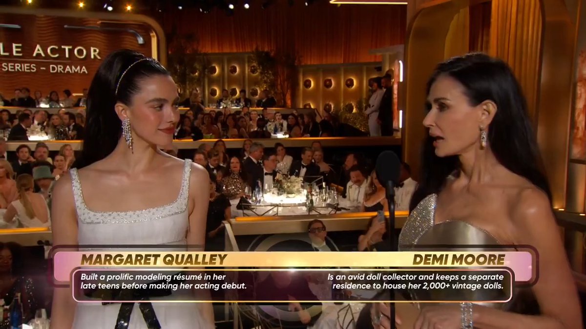 Please welcome Demi Moore and Margaret Qualley to the stage! They are one, and they are here to present the #GoldenGlobes award for Best Television Male Actor – Drama Series 🏆