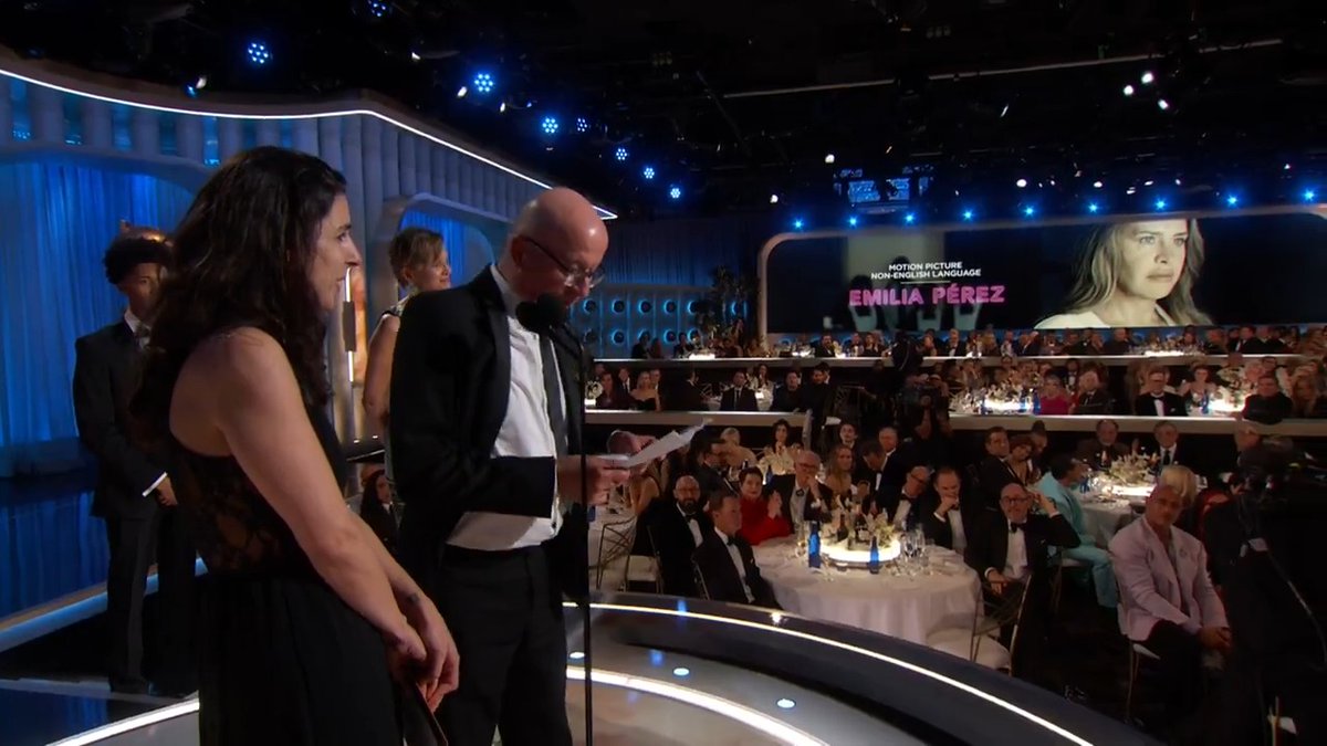 An incredible win for Jacques Audiard! Congratulations on winning for Best Picture – Non-English Language for Emilia Pérez at the #GoldenGlobes 🏆