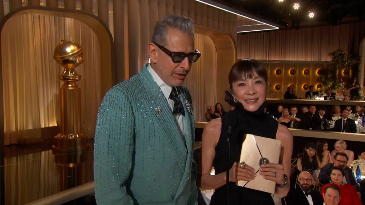 The Wicked talented Jeff Goldblum and Michelle Yeoh hand off the 🏆 to the #GoldenGlobes winner for Best Song – Motion Picture! Slay!