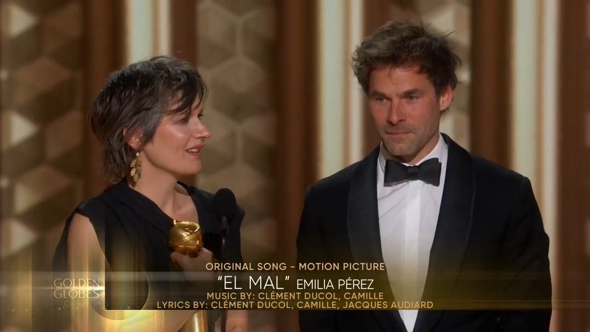 Camille accepts the award for Best Song – Motion Picture for "El Mal" in Emilia Pérez! #GoldenGlobes