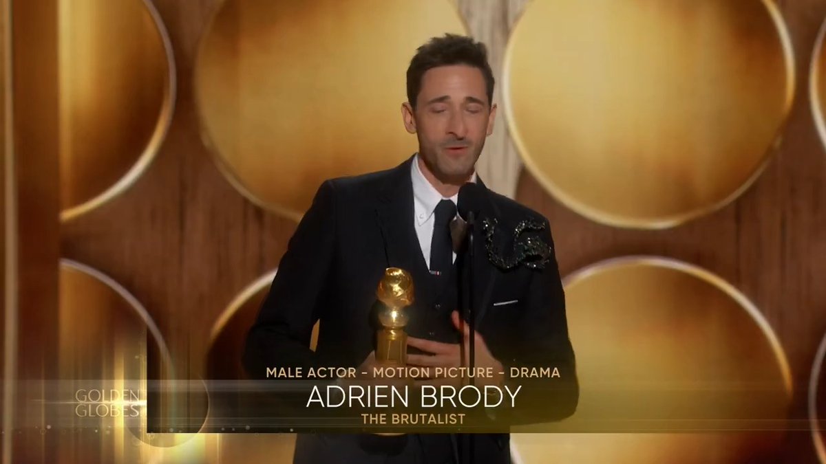 CONGRATULATIONS, Adrien Brody! Let's hear it for your #GoldenGlobes win for Best Male Actor – Motion Picture – Drama in The Brutalist! 🙌
