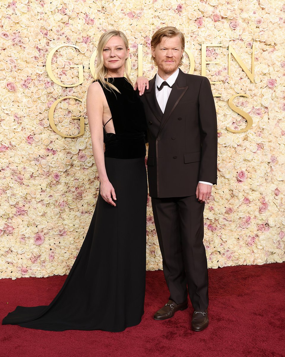 Captured moments before the event, #KirstenDunst and #JessePlemons attended the 82nd Golden Globes in custom Gucci designs by Creative Director Sabato De Sarno. #GoldenGlobes