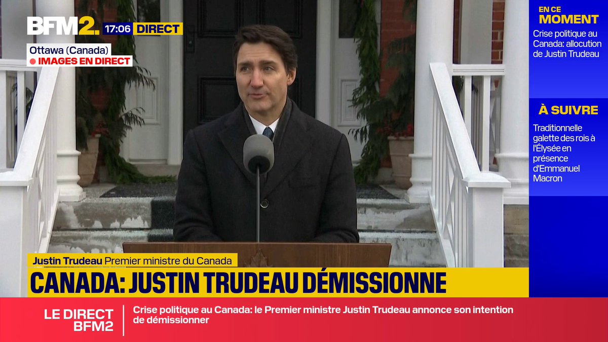 Le Premier ministre canadien Justin Trudeau annonce sa démission au cours d'une allocution face à la crise politique que traverse le pays