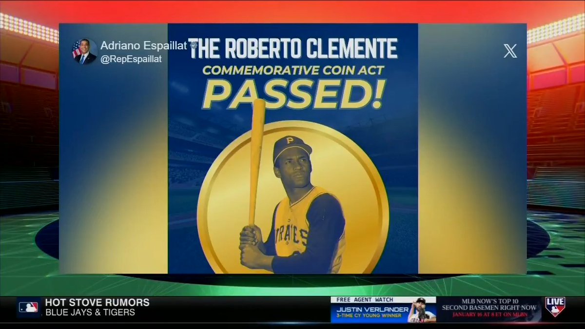 Roberto Clemente’s son, Roberto Clemente Jr joins #MLBNHotStove to provide an update on The Roberto Clemente Commemorative Coin Act and how it will be used to continue his father’s legacy 💛