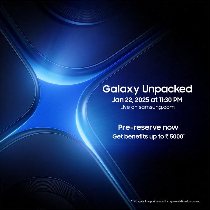 A true AI companion is coming. Join us at Samsung Galaxy Unpacked on January 22, 2025 at 11:30 PM. Get benefits up to ₹ 5000*. Pre-reserve now: *T&C apply. #GalaxyAI #GalaxyUnpacked #Samsung