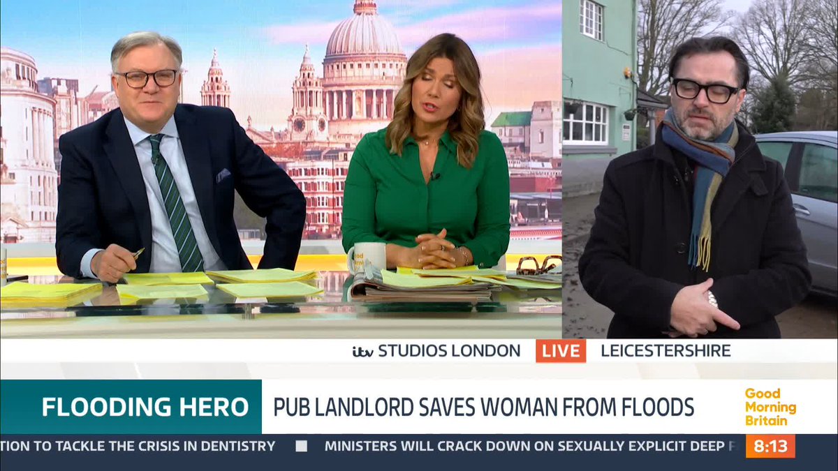 A pub landlord has been hailed a hero for wading into freezing flood water to save a woman trapped in a car. Cimi Kazazi tells Susanna Reid and Ed Balls that he acted on 'human instinct' when he noticed the woman stranded in a car.