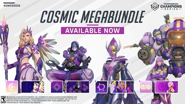 Get a closer look at the Cosmic OWL Mega Bundle in #Overwatch2 🌌 Featuring skins for Mercy, DVa, Echo, and Zenyatta! 💫 Available in-game now!