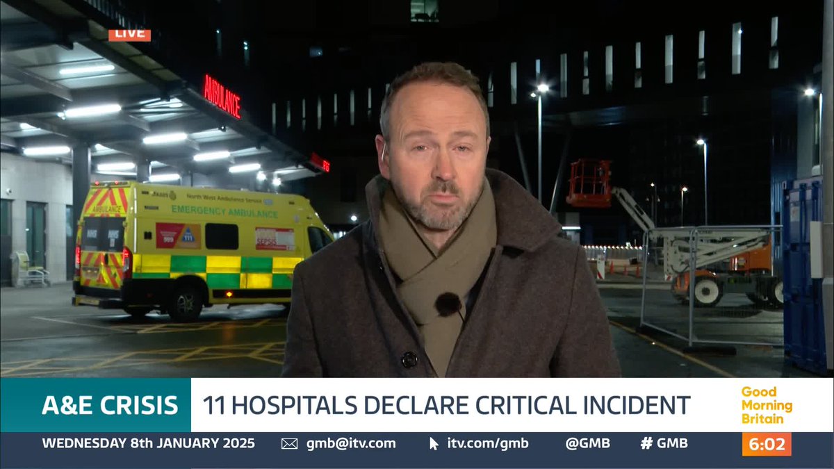 More hospitals in England are expected to declare critical incidents as increasing numbers of patients suffering flu and other winter illnesses overwhelm A&E hospitals. Patients at 11 major hospitals are facing a wait of up to 50 hours for treatment. Jonathan Swain reports.