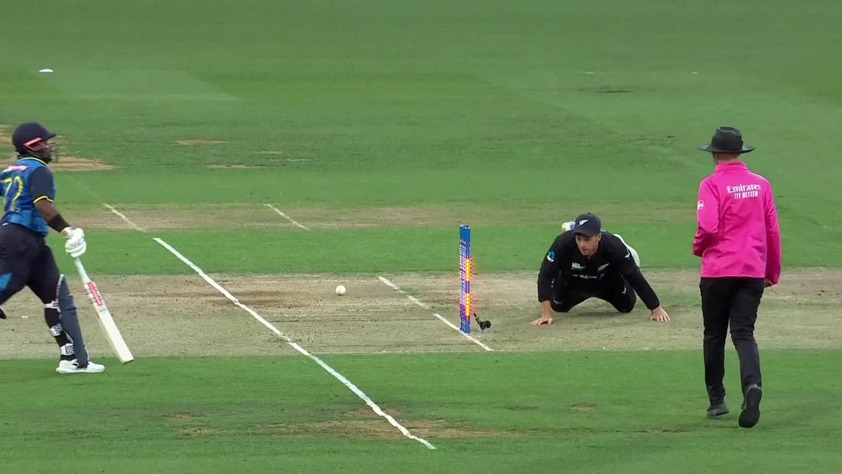 Carbon copy! From Wellington to Hamilton - Mitchell Santner in the run-out action again! Sri Lanka four down early LIVE and free in NZ on TVNZ DUKE and TVNZ+ #NZvSL