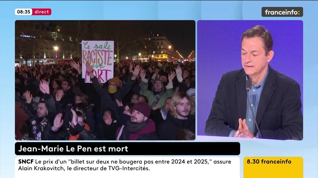 🔴 Mort de J-M Le Pen ➡️ "Pendant des décennies avec J-M Le Pen à la tête du FN, deux France s'opposaient. Aujourd'hui, le rejet est bien moins moindre", dit Renaud Dély, éditorialiste à franceinfo.