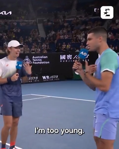 Carlos Alcaraz congratulates Alex de Minaur on his engagement to Katie Boulter... kind of. 😂 #AusOpen