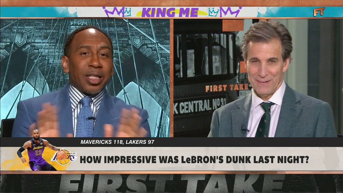 .Stephen A Smith gives a round of applause to LeBron's dunk but calls out the Lakers' loss to the Mavs. "That was a big-time dunk, we loved seeing it. But did we love seeing the Lakers get their ass kicked?" 😳