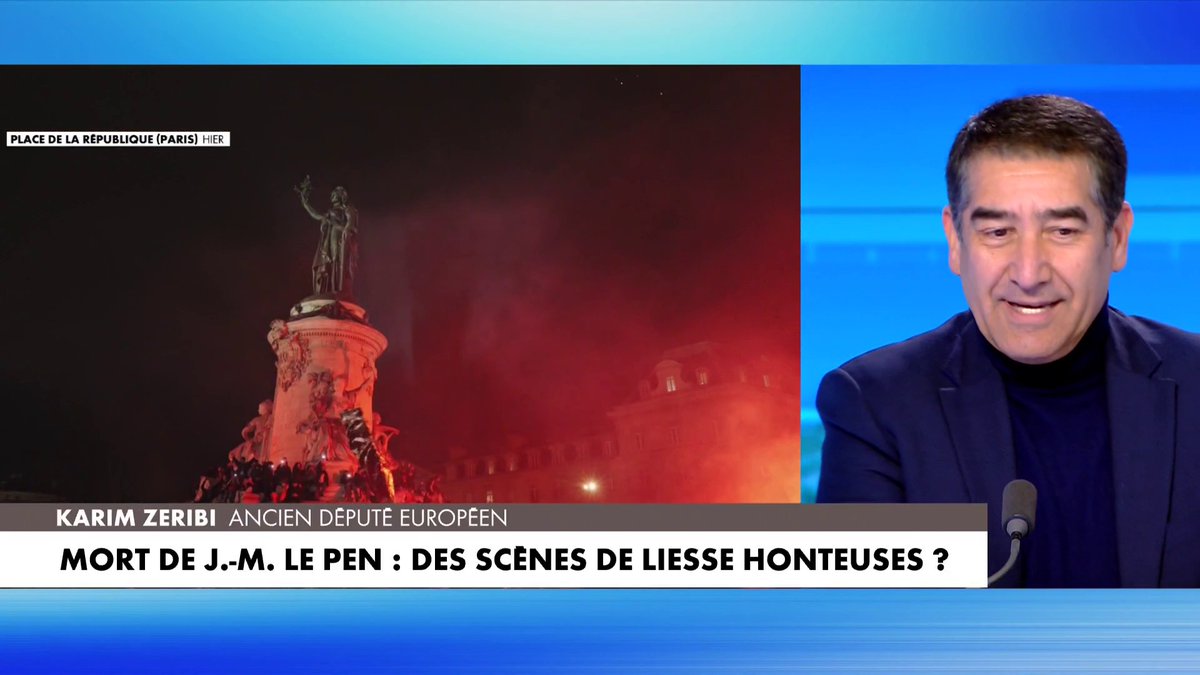 Karim Zeribi : «Je ne suis ni choqué, ni en phase avec les images que je vois. [...] Je suis indifférent de la mort de Jean-Marie Le Pen, ça ne me touche pas. [...] Ils ont le droit de faire péter leur bouteille de champagne, et on a le droit de ne pas être d'accord avec eux.»