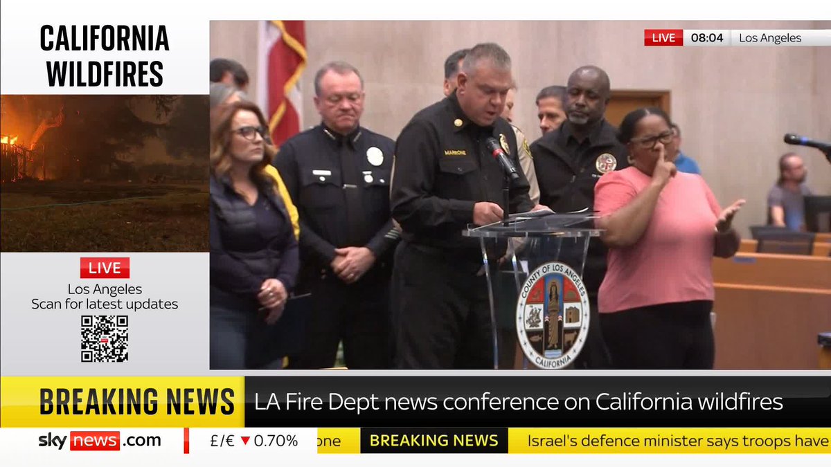 Los Angeles county fire chief Anthony Marrone says two people have been killed in the Eaton fire, one of four fires that are growing in Los Angeles, and many are injured. Live updates: 📺 Sky 501 and YouTube