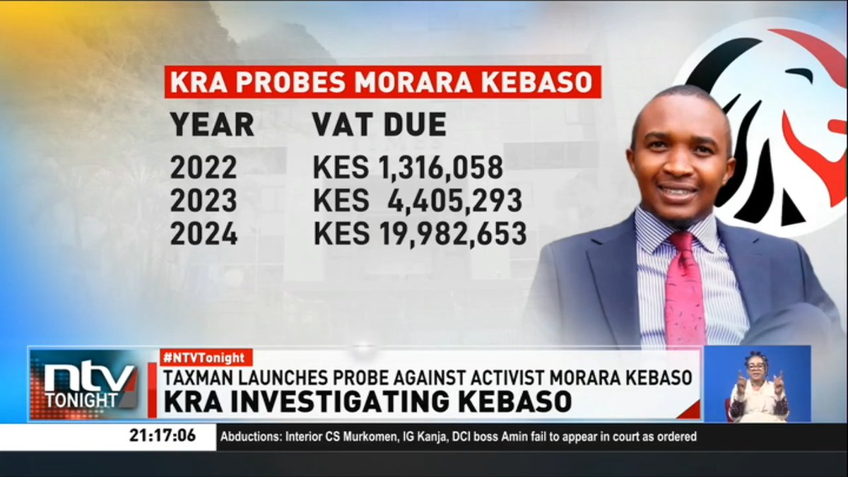 KRA Investigating Kebaso: KRA launches investigation targeting activist Morara Kebaso for allegedly failing to pay Sh27 million in taxes. KRA claims Kebaso made over Sh180 million since 2022 but has been filing nil returns. #NTVTonight Number8, the poet @David Muthoka