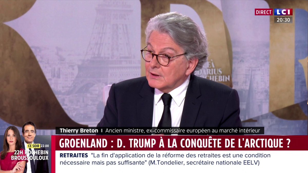 🗣️ Menaces de Donald Trump contre le Canada, le Groenland et le Panama : "On est dans cette période où le poids de la parole est fort mais ça n'est qu'un poids de la parole" déclare l'ancien commissaire européen au marché intérieur, Thierry Breton, invité de Darius Rochebin