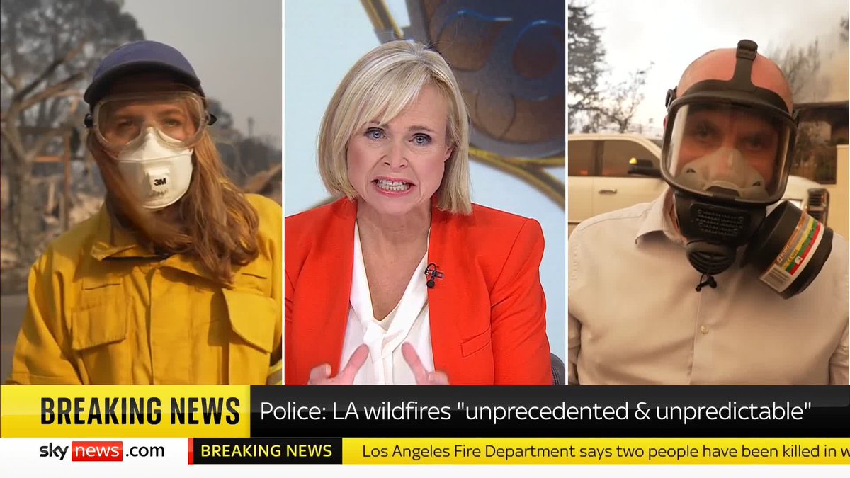 Four wildfires are spreading across Los Angeles fuelled by winds, engulfing homes, forcing thousands to flee and killing two people. A state of emergency has been declared in California. Martha Kelner and David Blevins have the latest. 📺 Sky 501