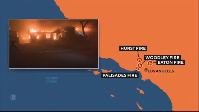 At least five people are dead and nearly 200,000 are under evacuation orders and warnings as multiple fires scorch parts of Southern California. Firefighters are battling wind gusts of up to 100 mph, and the Navy has deployed 10 water-dropping helicopters to help contain the flames.