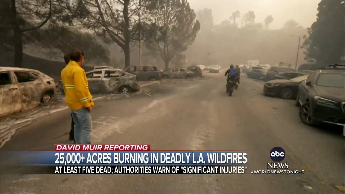 As multiple wildfires burn out of control across Los Angeles, fueled by a drought and Santa Ana winds, David Muir reports from Pacific Palisades, traveling with Cal-Fire’s Battalion Chief through the devastation and the homes still burning.