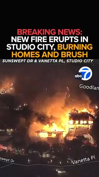 #BREAKING: At least two homes are on fire in the Studio City area as a new fire erupts, burning homes and brush. LAFD air assets are on the scene south of Ventura Blvd. Watch continuing coverage of the firestorms on air, on the ABC7 app, and on